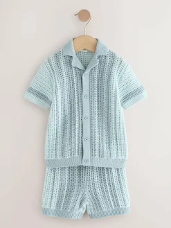 Next Blue Crochet Knitted Short Sleeve Shirt and Shorts Set (3mths-10yrs)^BOY Knitwear & Sweaters|Knitwear
