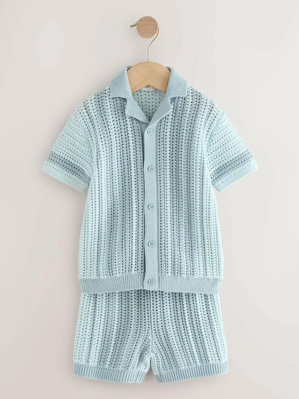 Next Blue Crochet Knitted Short Sleeve Shirt and Shorts Set (3mths-10yrs)^BOY Knitwear & Sweaters|Knitwear