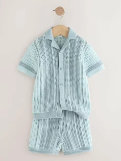 Next Blue Crochet Knitted Short Sleeve Shirt and Shorts Set (3mths-10yrs)^BOY Knitwear & Sweaters|Knitwear