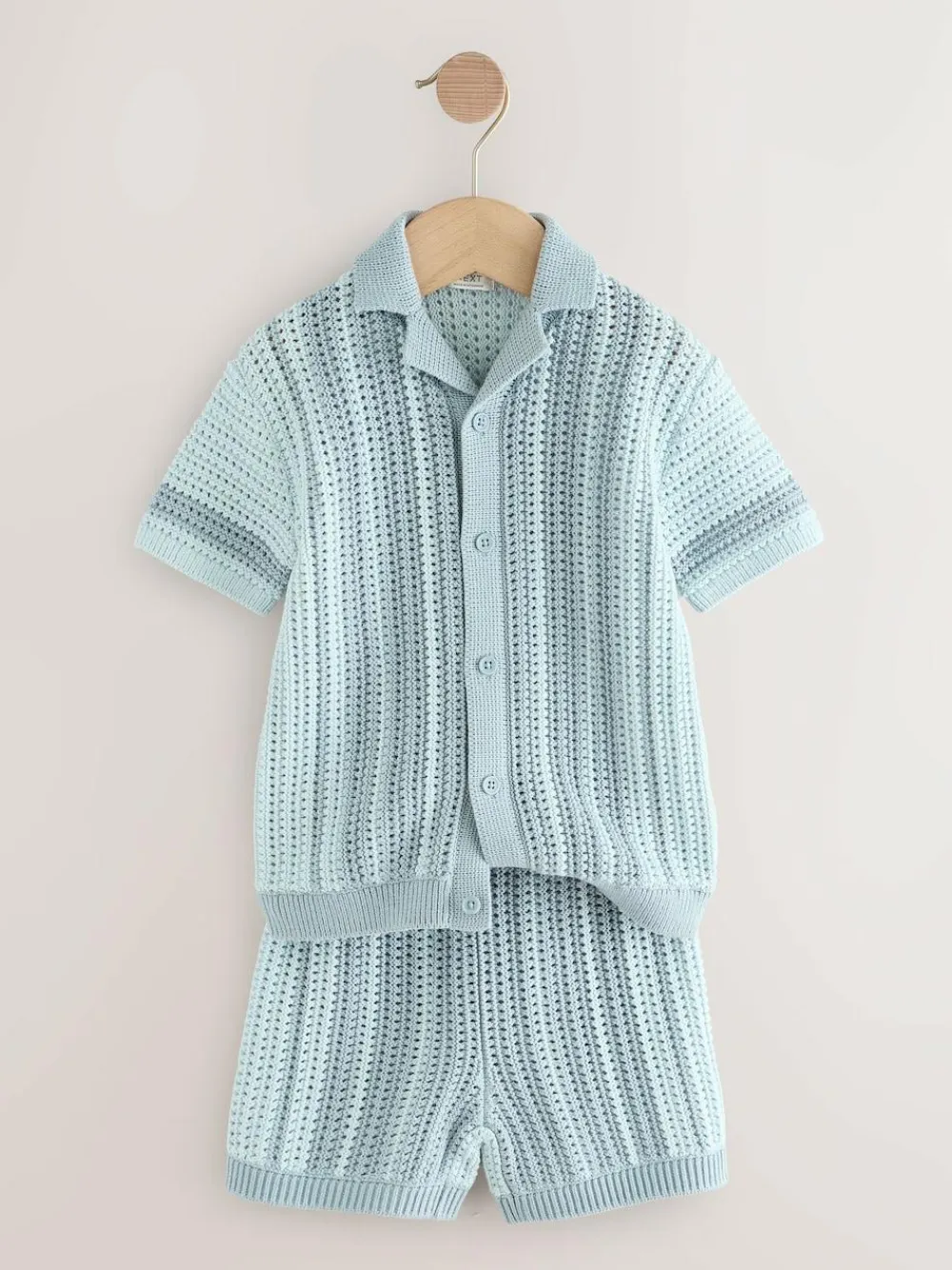 Next Blue Crochet Knitted Short Sleeve Shirt and Shorts Set (3mths-10yrs)^BOY Knitwear & Sweaters|Knitwear