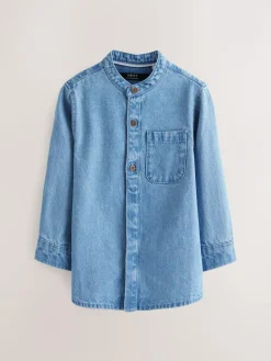 Next Blue Denim 100% Cotton Long Sleeve Grandad Collar Denim Shirt (3mths-7yrs)^BOY Suits & Vest|Shirts