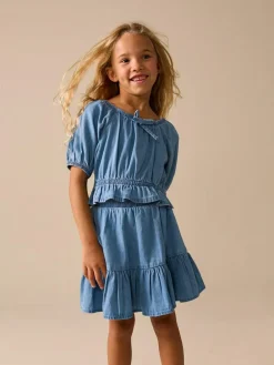 Hot Next Blue Denim Puff Sleeve Blouse and Skirt Set (3-16yrs)