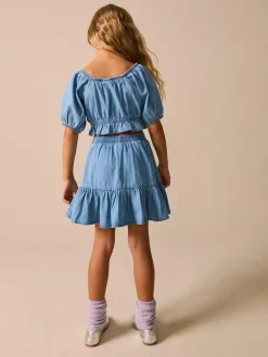 Hot Next Blue Denim Puff Sleeve Blouse and Skirt Set (3-16yrs)