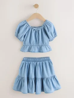 Hot Next Blue Denim Puff Sleeve Blouse and Skirt Set (3-16yrs)