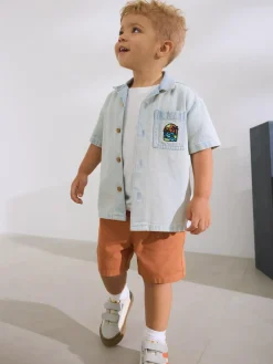 Next Blue Denim Short Sleeve Revere Collar Backprint Shirt (3mths-7yrs)^BOY Suits & Vest