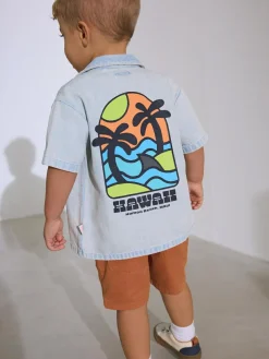 Next Blue Denim Short Sleeve Revere Collar Backprint Shirt (3mths-7yrs)^BOY Suits & Vest