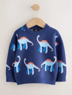 Next Blue Dinosaur Knitted Crew Neck Jumper (3mths-7yrs)