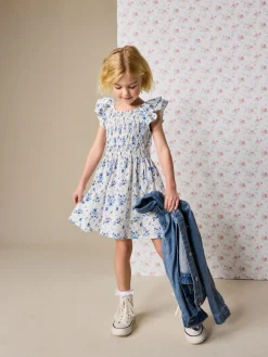 Sale Next Smocked Frill Sleeve Dress (3-16yrs) Blue Floral