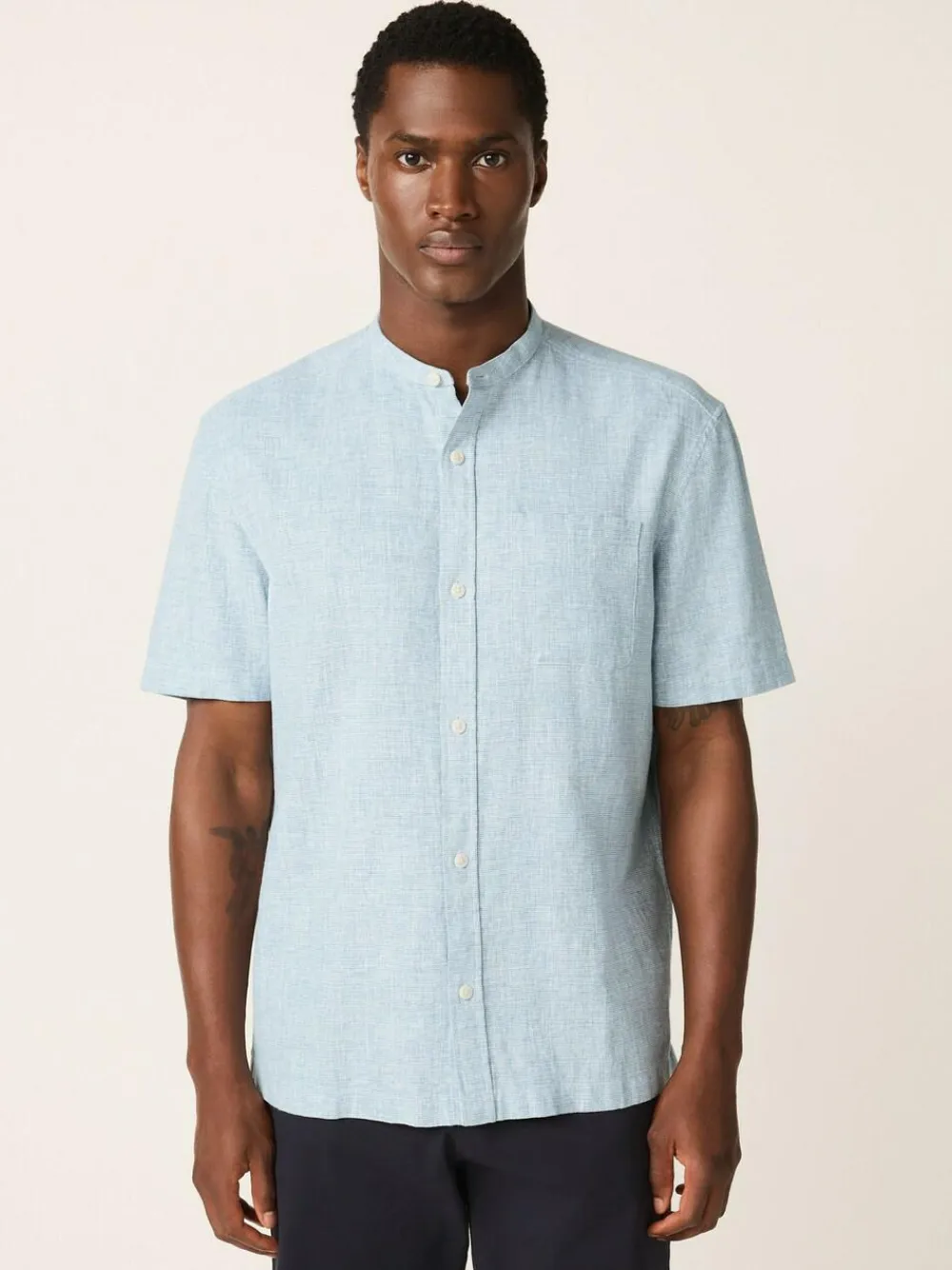 New Next Grandad Collar Cotton Linen Blend Short Sleeve Shirt Blue