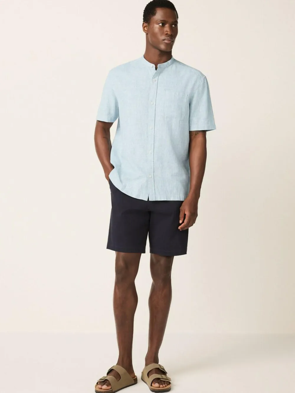 New Next Grandad Collar Cotton Linen Blend Short Sleeve Shirt Blue