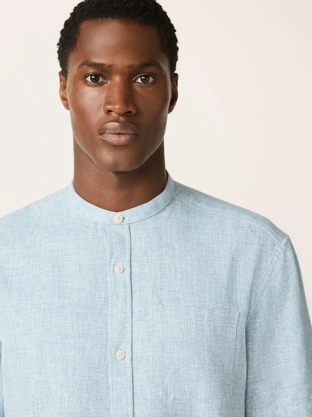 New Next Grandad Collar Cotton Linen Blend Short Sleeve Shirt Blue