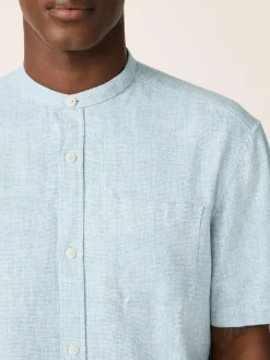 New Next Grandad Collar Cotton Linen Blend Short Sleeve Shirt Blue