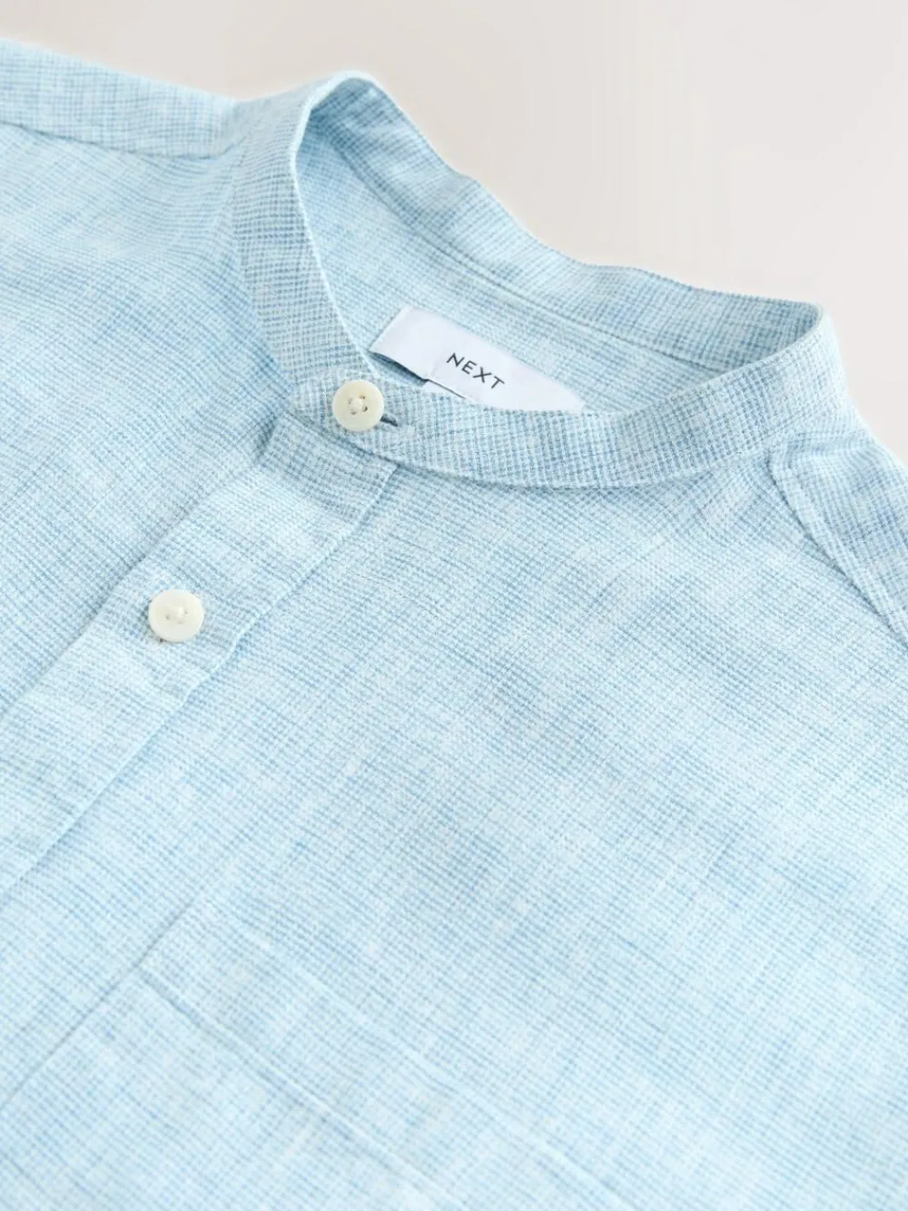 New Next Grandad Collar Cotton Linen Blend Short Sleeve Shirt Blue
