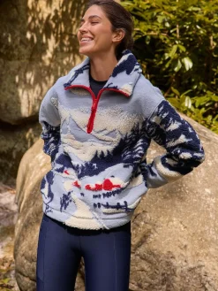 Hot Next Blue Graphic Winter Scenic Soft Touch Cosy Teddy Borg Quarter Zip Fleece