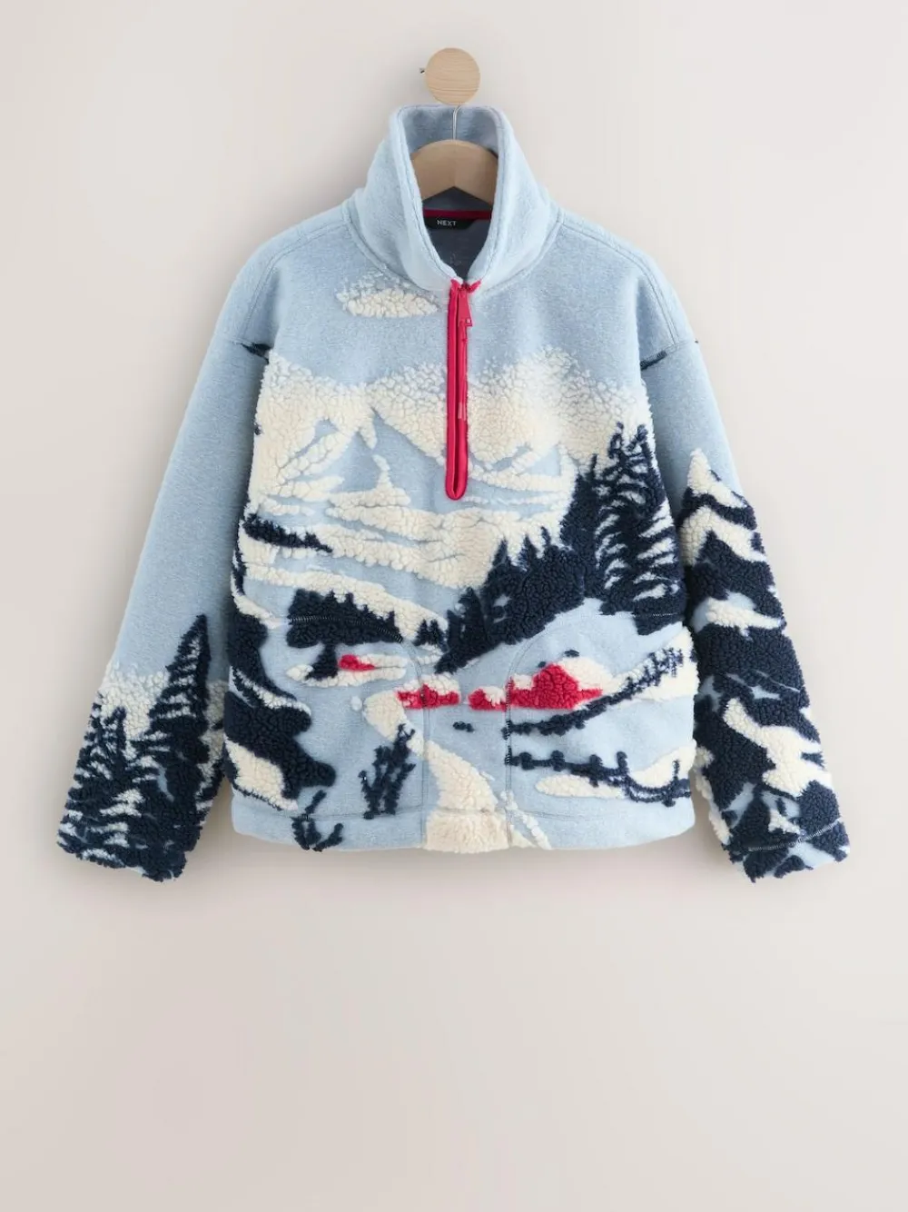 Hot Next Blue Graphic Winter Scenic Soft Touch Cosy Teddy Borg Quarter Zip Fleece