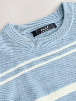 Next Blue Knitted Stripe Crew Neck 100% Cotton Jumper (3-16yrs)^BOY Knitwear & Sweaters|Knitwear