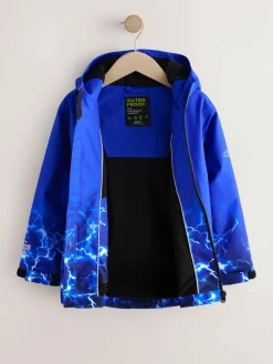 Next Blue Lightning Print Waterproof Fleece Lined Hooded Jacket (3-16yrs)^BOY Coats & Jackets|Snowsuits & Coats