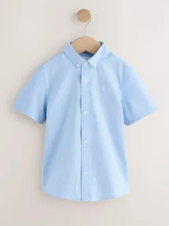 New Next Blue Logo Short Sleeve Cotton Rich Oxford Shirt (3-16yrs)