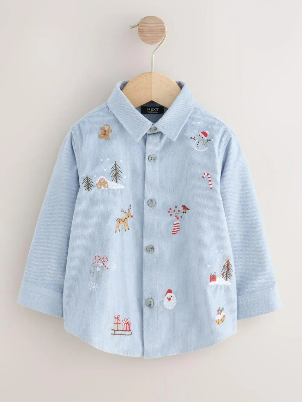 Outlet Next Blue Long Sleeve Christmas Embroidery Character Shirt (3mths-7yrs)