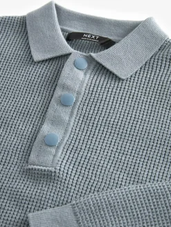 Next Blue Long Sleeve Textured Polo Shirt (3-16yrs)^BOY Tops|Knitwear & Sweaters