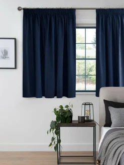 Next Blue Navy Cotton Blackout/Thermal Pencil Pleat Curtains^ Curtains & Blinds