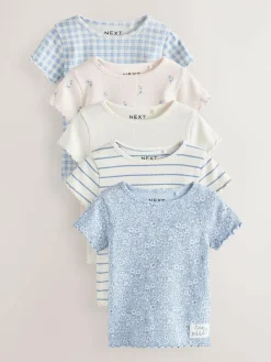 Next Blue Ribbed Short Sleeve Tops 5 Pack (3mths-7yrs)^ Tops|T-Shirts
