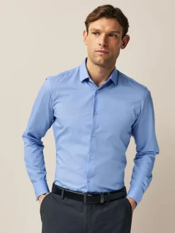 Online Next Slim Fit Double Cuff Easy Care Textured Smart Shirt Blue
