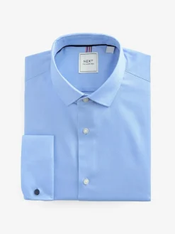 Online Next Slim Fit Double Cuff Easy Care Textured Smart Shirt Blue