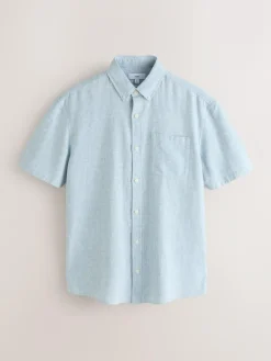 Outlet Next Standard Collar Cotton Linen Blend Short Sleeve Shirt Blue