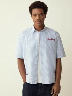 Outlet Next Blue Stripe Embroidered New York Short Sleeve Shirt