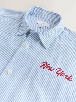 Outlet Next Blue Stripe Embroidered New York Short Sleeve Shirt
