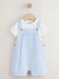 New Next Woven Dungaree and Bodysuit Baby Set (0mths-2yrs) Blue Stripe