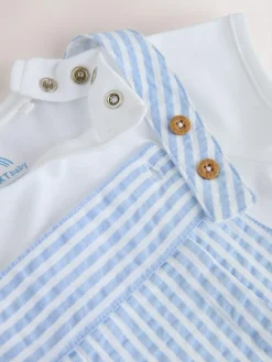 New Next Woven Dungaree and Bodysuit Baby Set (0mths-2yrs) Blue Stripe