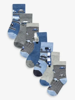 Next Blue Stripes/Transport Cotton Rich Socks 7 Pack^BOY Socks & Tights|Socks & Tights