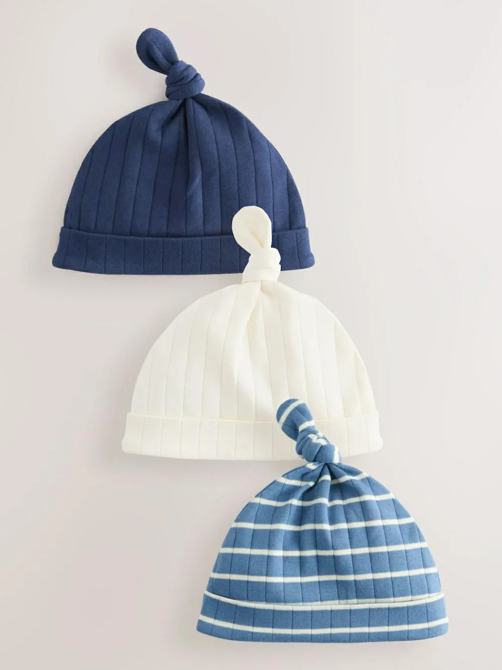 Clearance Next Blue Tie Top 100% Cotton Hats 3 Pack (0-12mths)