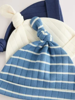 Clearance Next Blue Tie Top 100% Cotton Hats 3 Pack (0-12mths)