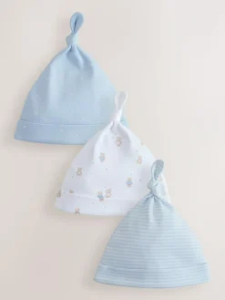 Next Blue Tie Top Baby Hats 3 Pack (0-12mths)^BOY Hats & Scratch Mitts|Newborn Accessories