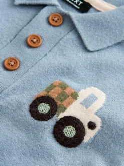 Sale Next Character Button Neck Knitted Polo Shirt (3mths-7yrs) Blue Transport