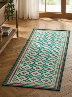 Hot Next Blue Washable Bright Tile Runner