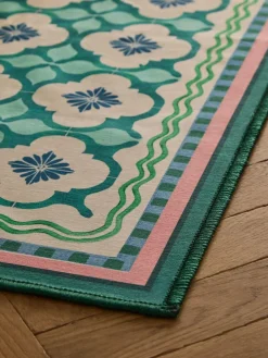 Hot Next Blue Washable Bright Tile Runner