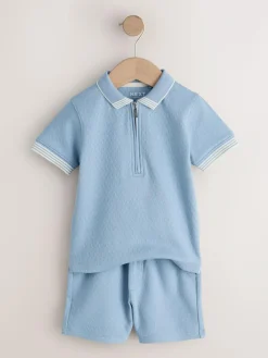 Next Blue Zip Neck Short Sleeve Polo Shirt And Shorts Set (3mths-7yrs)^BOY Sets & Co-Ords|Sets & Co-Ords