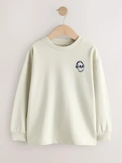 New Next Relaxed Fit Long Sleeve Heavyweight T-Shirts 3 Pack (3-16yrs) Blue/Berry/Ecru Graphic