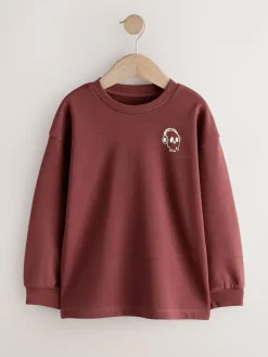 New Next Relaxed Fit Long Sleeve Heavyweight T-Shirts 3 Pack (3-16yrs) Blue/Berry/Ecru Graphic