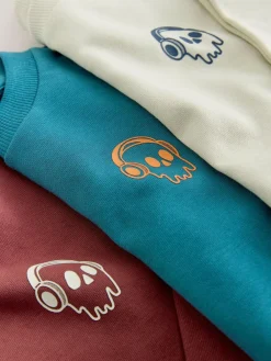 New Next Relaxed Fit Long Sleeve Heavyweight T-Shirts 3 Pack (3-16yrs) Blue/Berry/Ecru Graphic