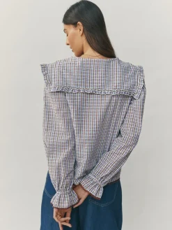 Next Oversized Collar Long Sleeve Blouse Blue/Brown Check