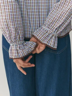 Next Oversized Collar Long Sleeve Blouse Blue/Brown Check