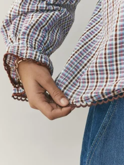 Next Oversized Collar Long Sleeve Blouse Blue/Brown Check