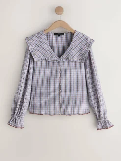 Next Oversized Collar Long Sleeve Blouse Blue/Brown Check