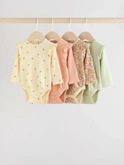 Outlet Next Baby Long Sleeve Frill Bodysuits 4 Pack (0mths-2yrs) Blue/Cream/Coral Ditsy