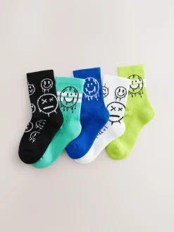 Next Blue/Green Graffiti Smile Cushioned Footbed Cotton Rich Ribbed Tipped Socks 5 Pack^BOY Socks